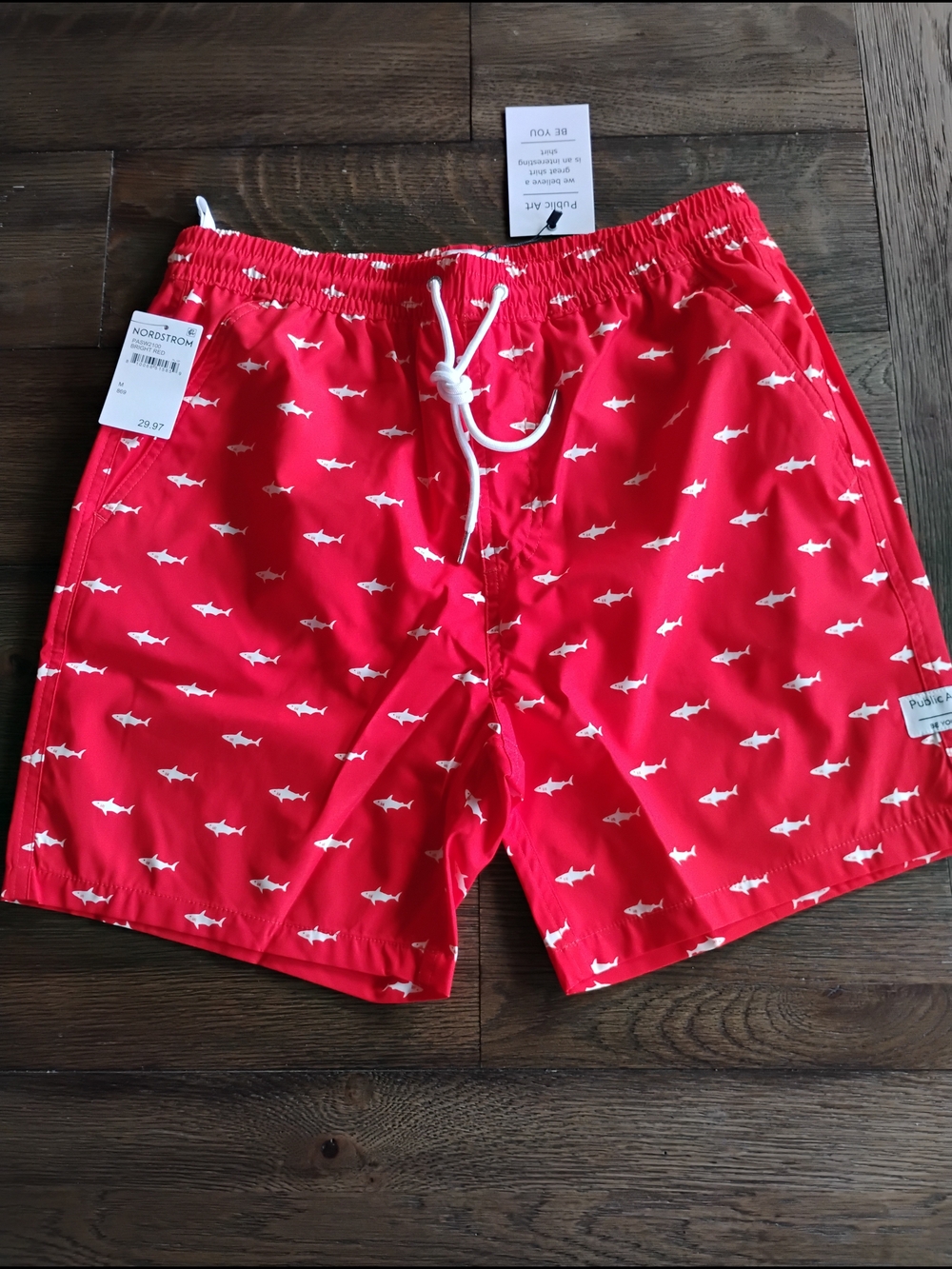Red Shark-Print Men's Swim Board Shorts with Drawstring